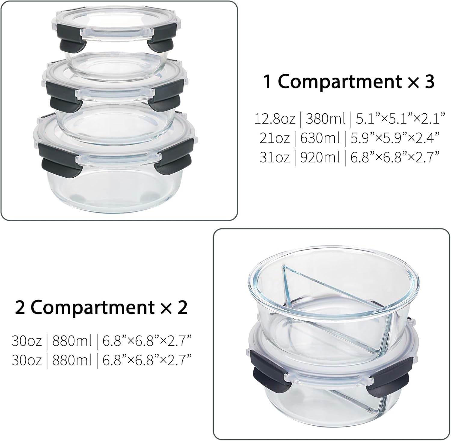 Glass Food Storage Container with Lid, 2 Compartment Meal Prep, Airtight G175185
