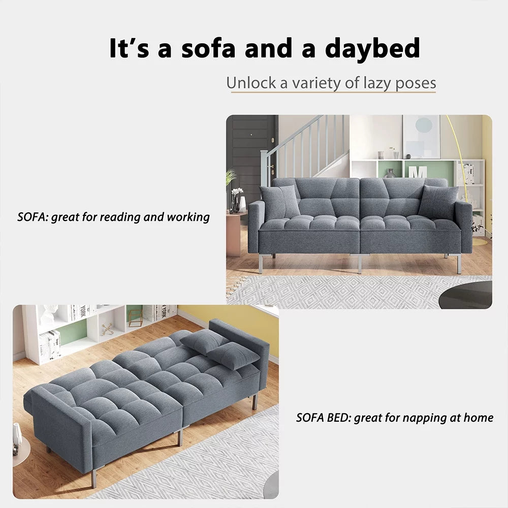 Gray Futon Sofa Bed with 2 Pillows and Metal Legs G114