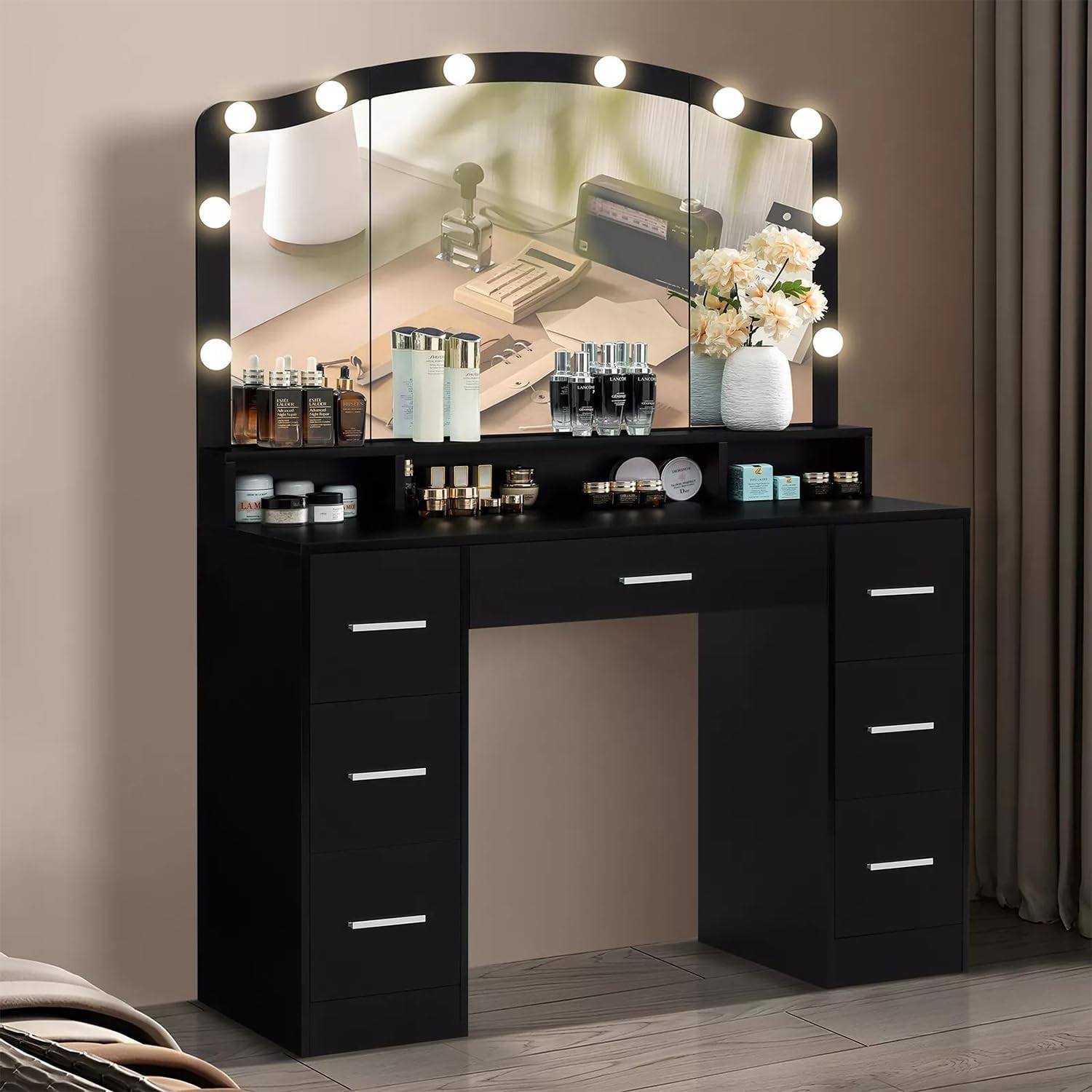 Black Vanity Desk with Lighted Mirror and 7 Drawers E874938