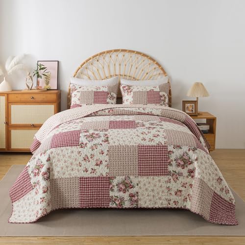 Cotswolds Patchwork Cotton Pieced Quilt Set, Queen Size with 2 Shams, Neutral Floral Cream Bedding A162361