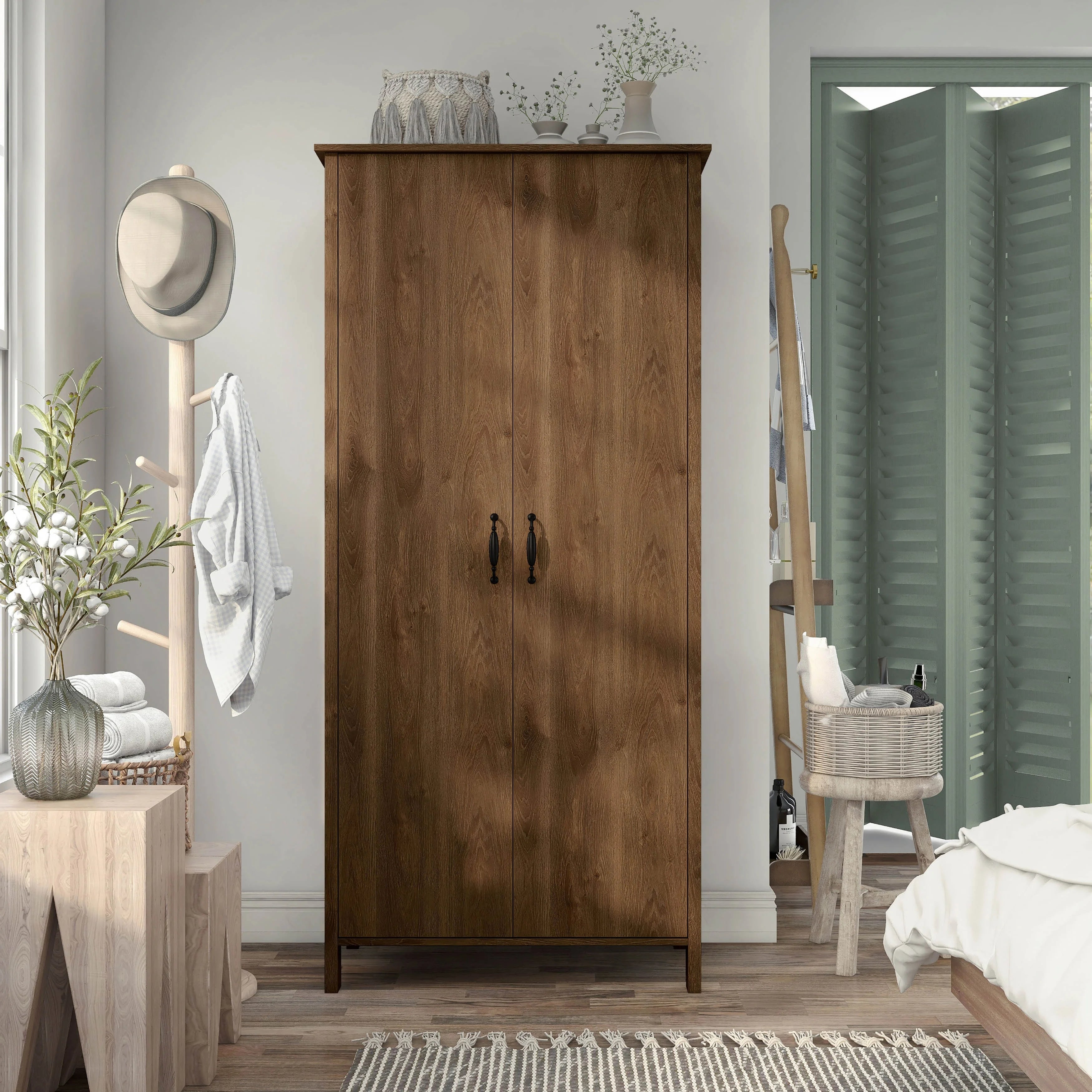 Rustic Distressed Walnut Double-door Wardrobe Closet with Shelves B925
