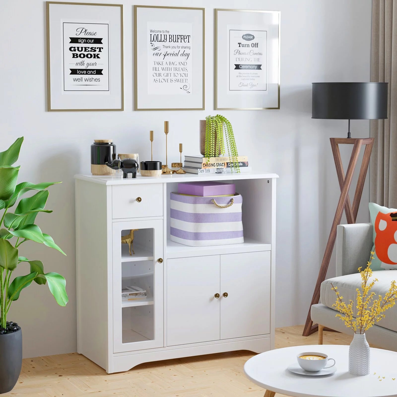Microwave Cabinet with Hutch, Kitchen Pantry Sideboard with Adjustable Shelves and Drawer, White O10197
