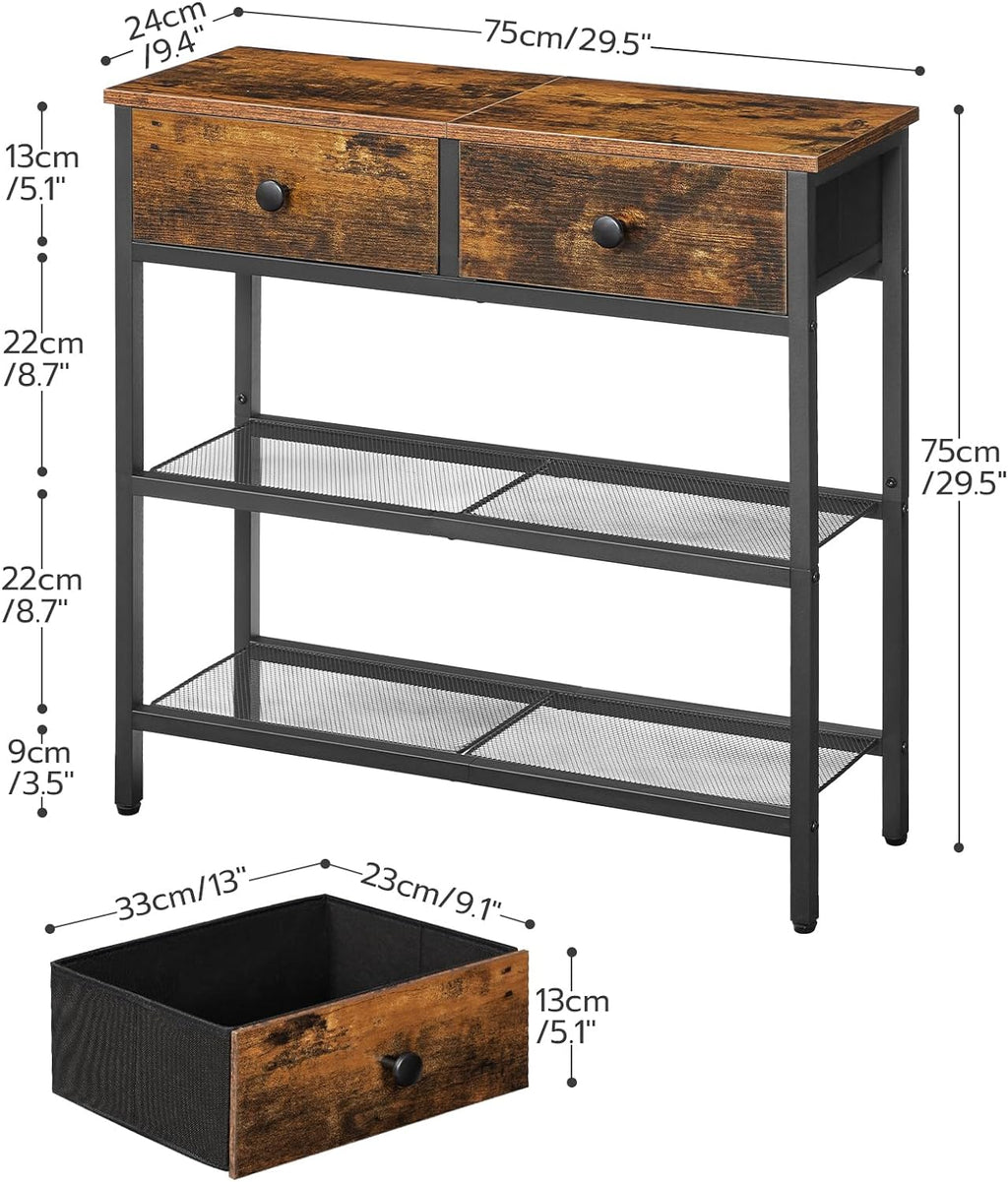 Narrow Console Table with 2 Fabric Drawers and Charging Station, Rustic Brown and Black O9157
