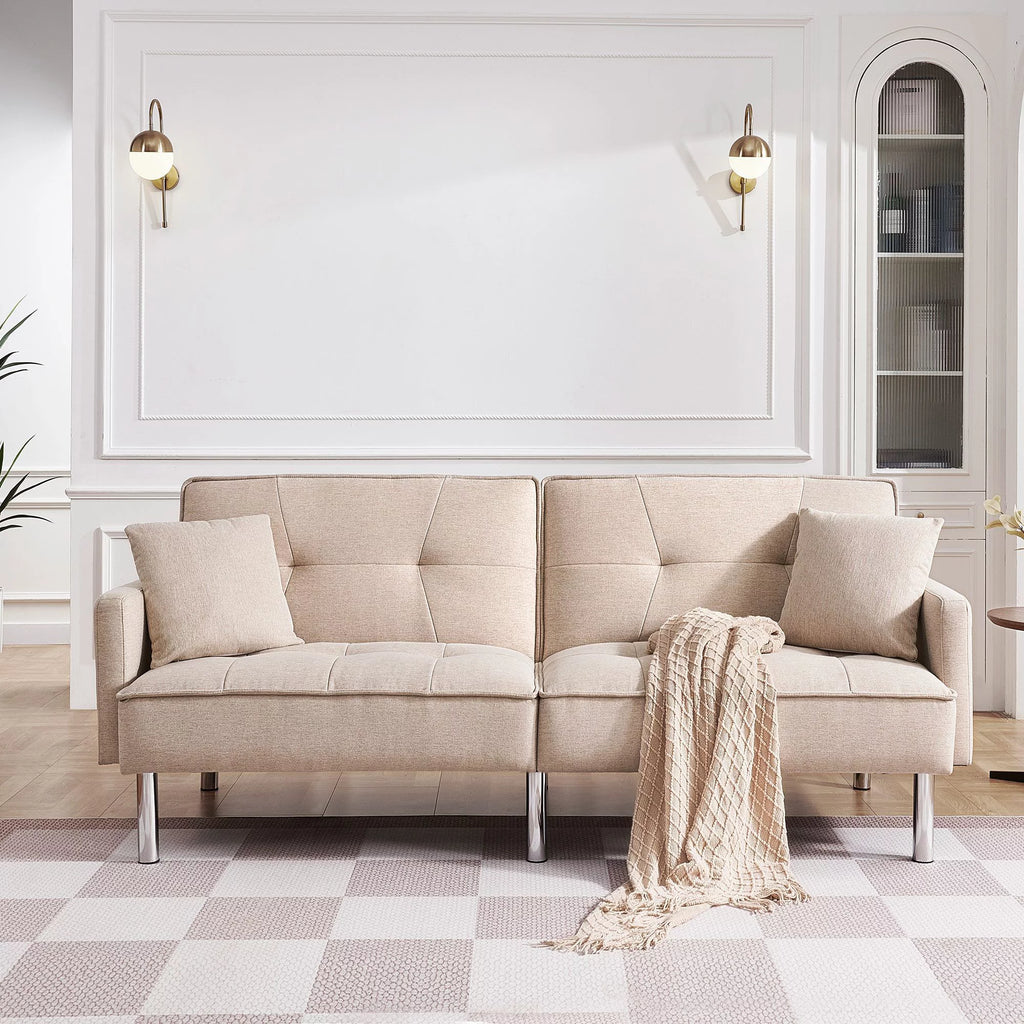 Extra Long Tufted Beige Fabric Futon Adjustable Sofa Bed J212