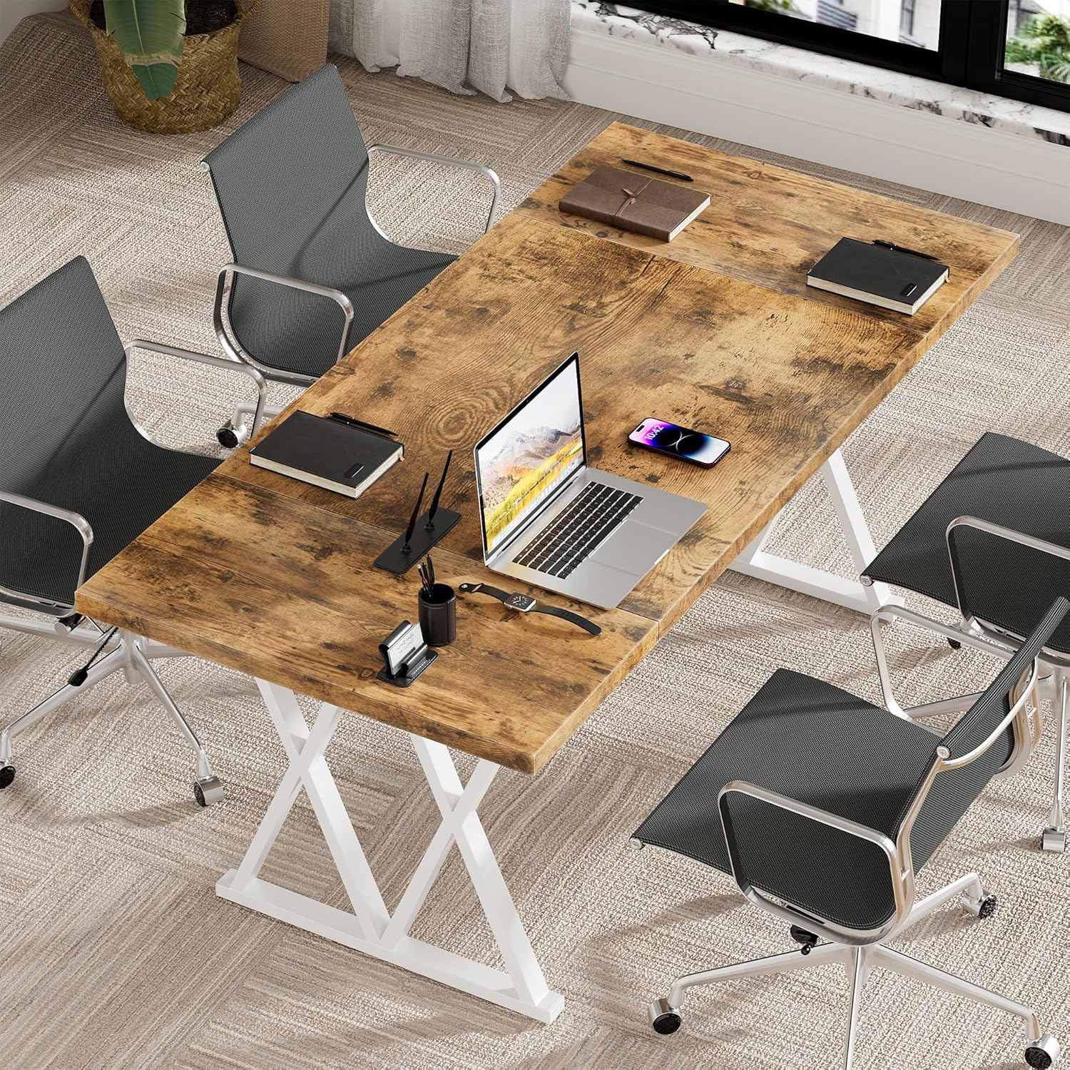 Large Executive Desk with X-Shaped Metal Legs, Modern Office Workstation P96479