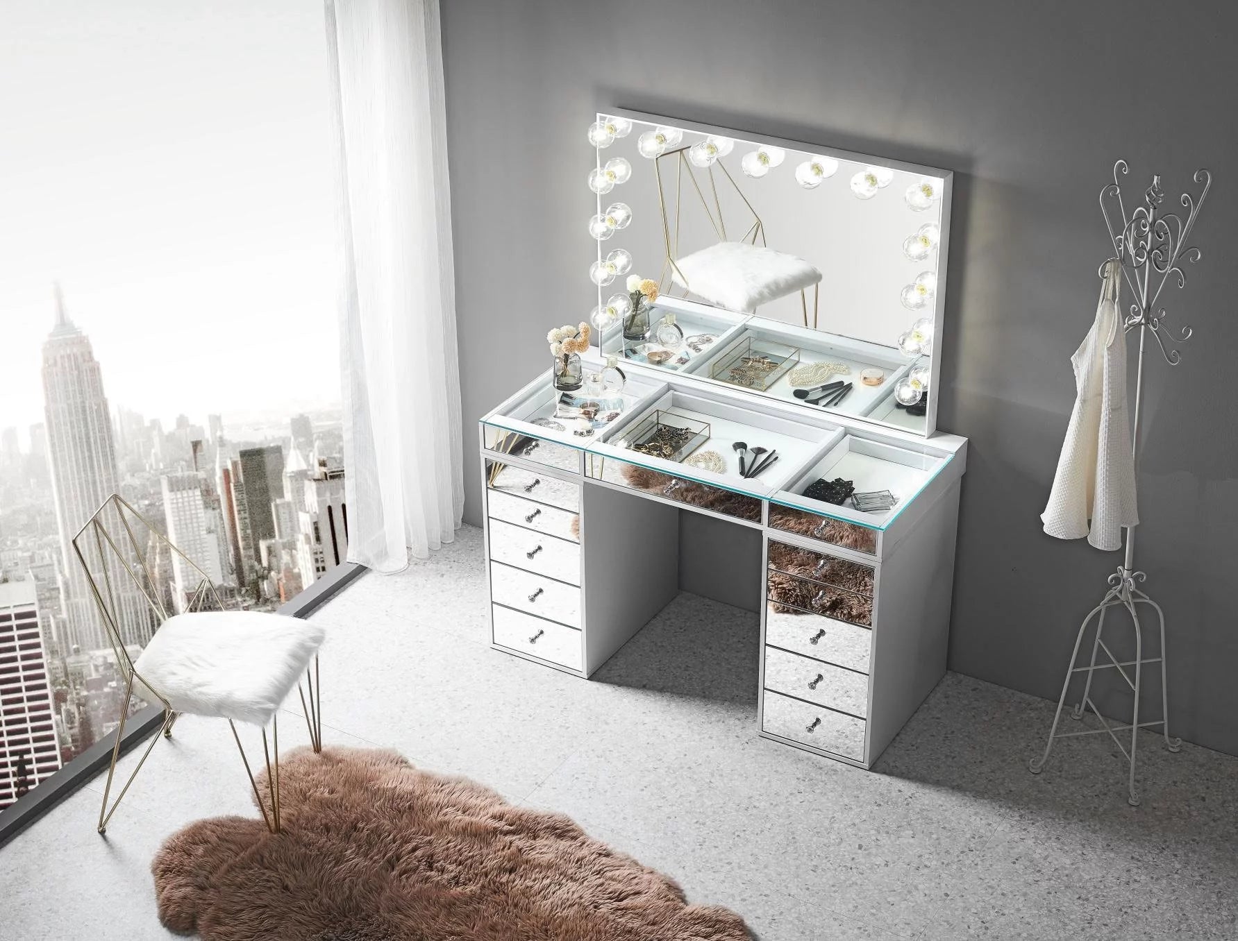 Mirrored Vanity Tabletop with 5 Drawer Units for Makeup Storage H1098