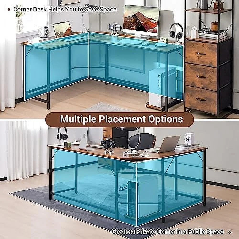 L-Shaped Desk with CPU Stand 66 Inch Wooden Corner Desk with Metal Frame S89739