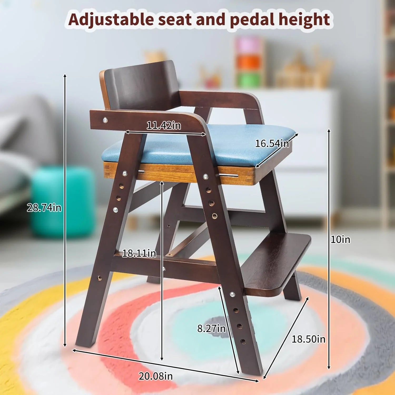 Wooden High Chair for Toddlers, Adjustable, with Waterproof Cushion H4186