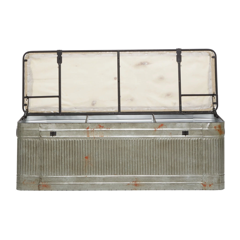 Metal Galvanized Storage Bench with Cream Burlap Top E438064