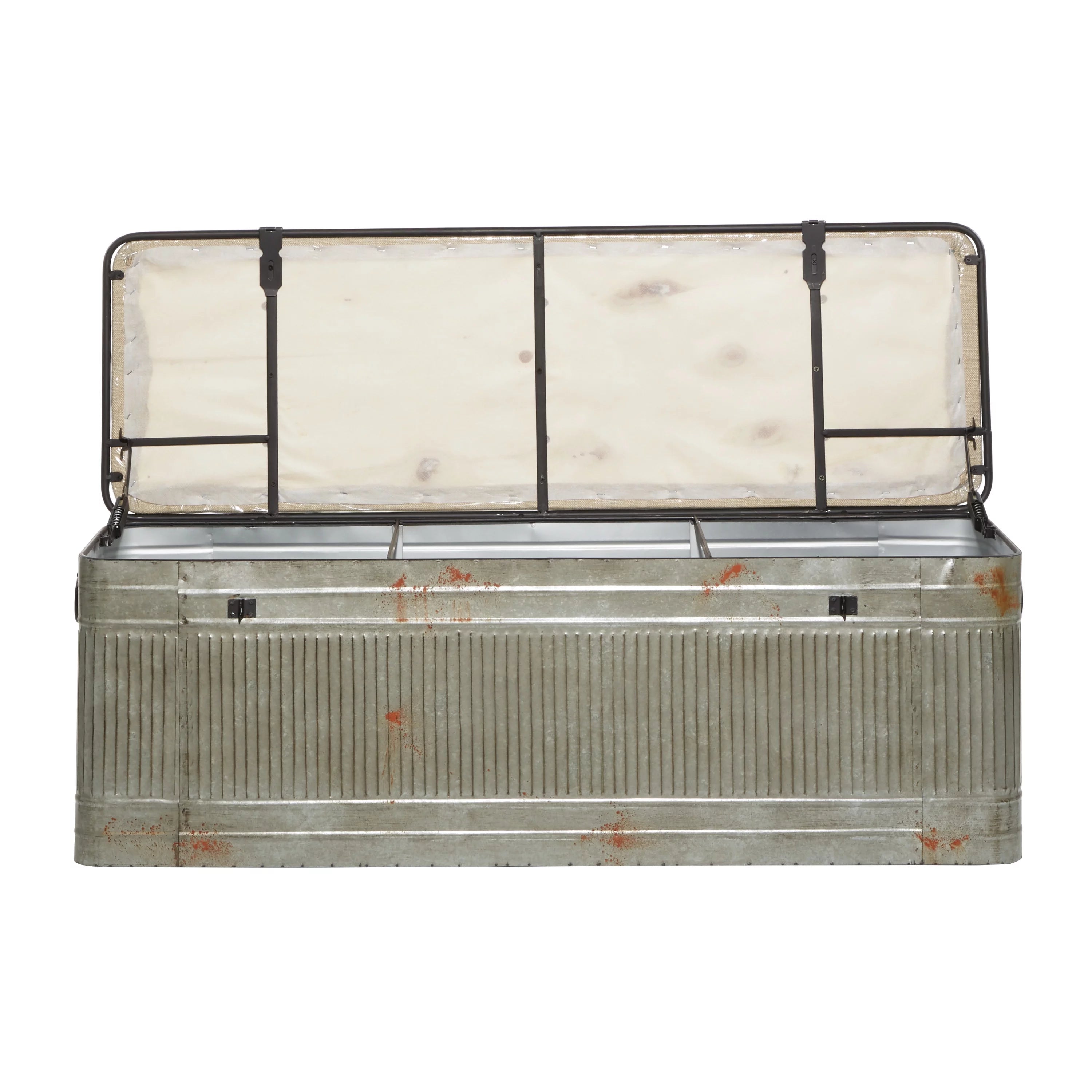Metal Galvanized Storage Bench with Cream Burlap Top E438064