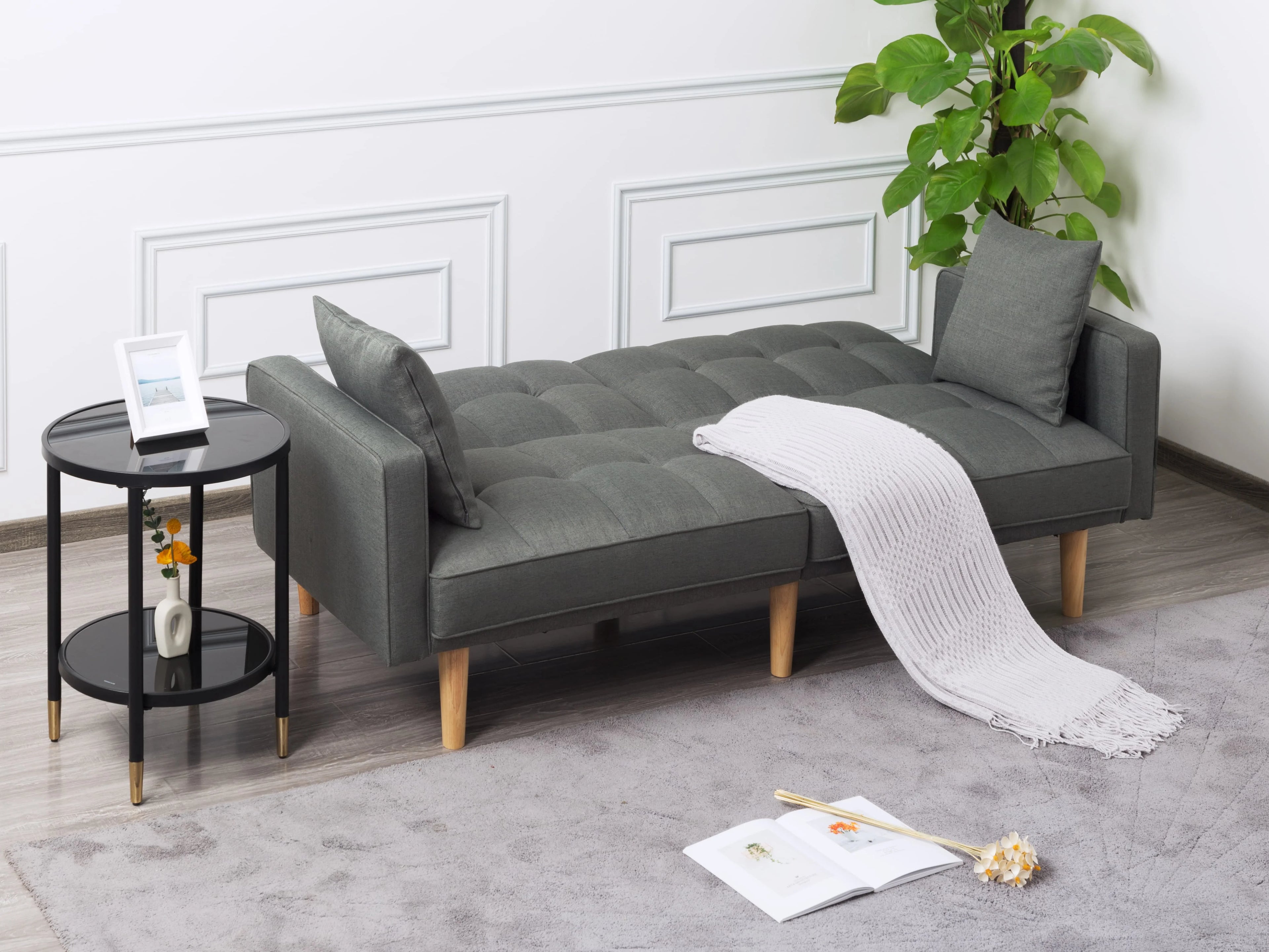 Futon Sofa Bed with Split Back and Wood Legs F4124