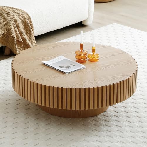 Walnut Wood Round Coffee Table with Vertical Texture A7453
