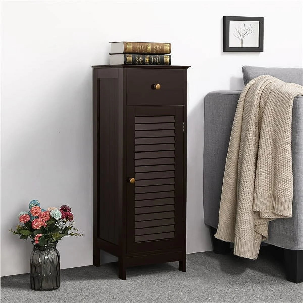 Wooden Bathroom Floor Storage Cabinet with Drawer and Single Shutter Door J455346