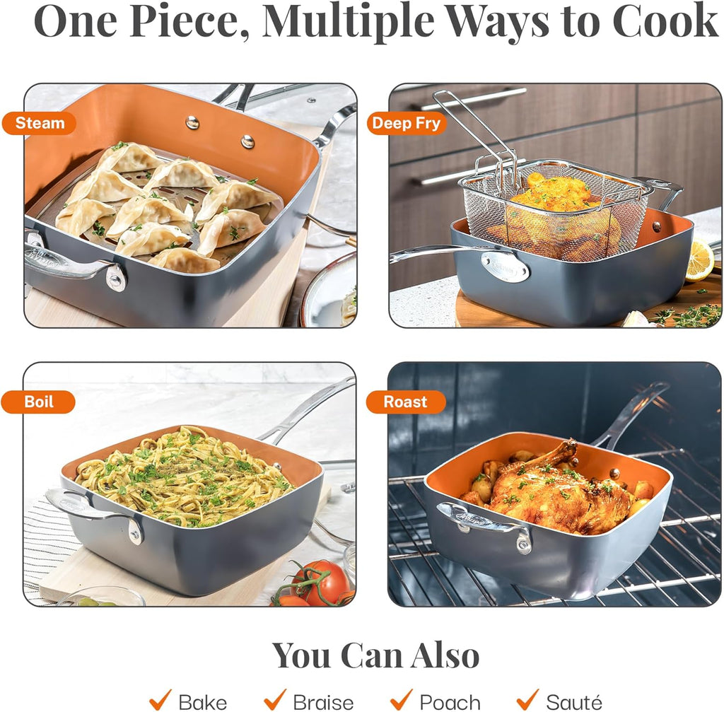 Nonstick Square Deep Frying Pan with Lid, Basket & Steamer Tray R104973