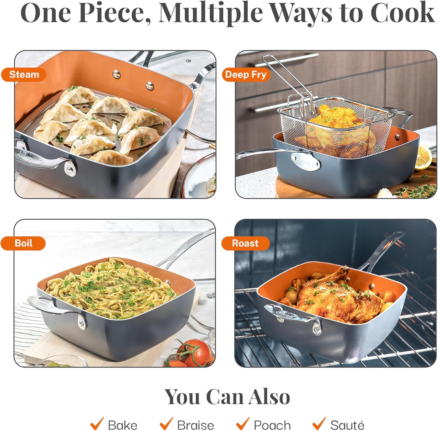 Nonstick Square Deep Frying Pan with Lid, Basket & Steamer Tray R104973