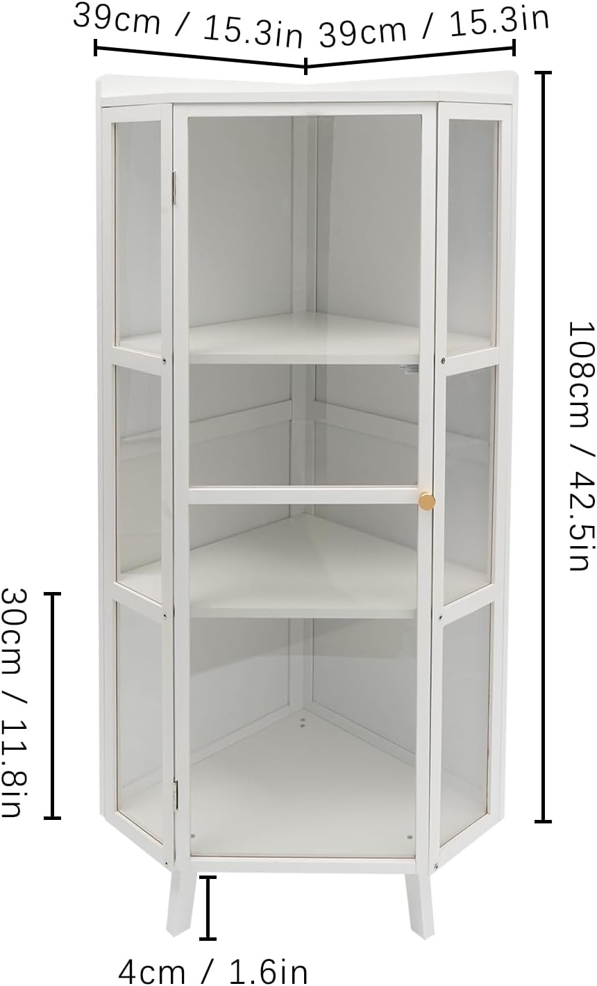 Tall Corner Storage Cabinet Freestanding 3-Tier Bookshelf with Clear Door E8381