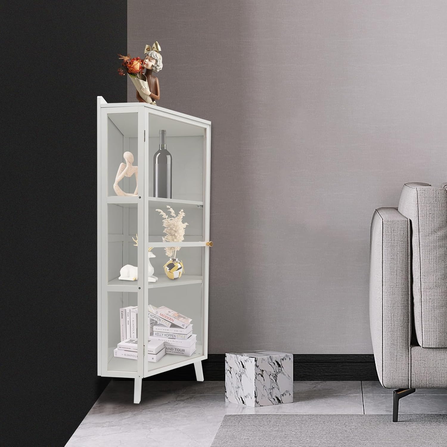 Tall Corner Storage Cabinet Freestanding 3-Tier Bookshelf with Clear Door E8381