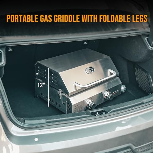 Flat Top Gas Griddle, 2-Burner Tabletop Propane Grill, Portable Outdoor Cooking N1446