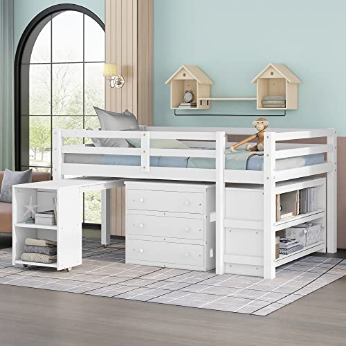 Maximized Space Functional Low Study Loft Bed with Desk, Cabinet, Bookshelf, and Rolling Portable Desk – High-Grade Pinewood Frame with Full-Length Guardrail for Enhanced Safety (White,Full)