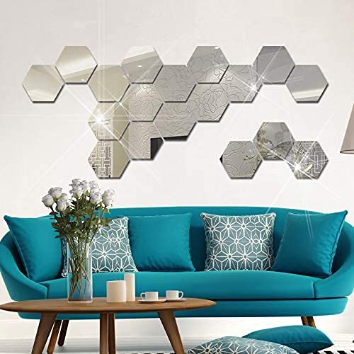 Silver Acrylic Hexagon Mirror Wall Stickers, 12 Pcs Z69168