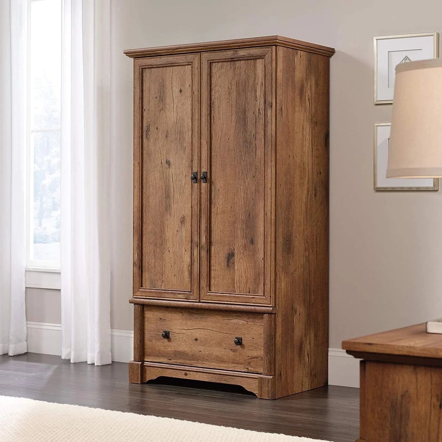 Rustic Oak Wardrobe with Drawer and Garment Rod F84333