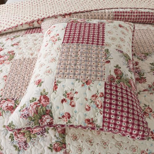 Cotswolds Patchwork Cotton Pieced Quilt Set, Queen Size with 2 Shams, Neutral Floral Cream Bedding A162361