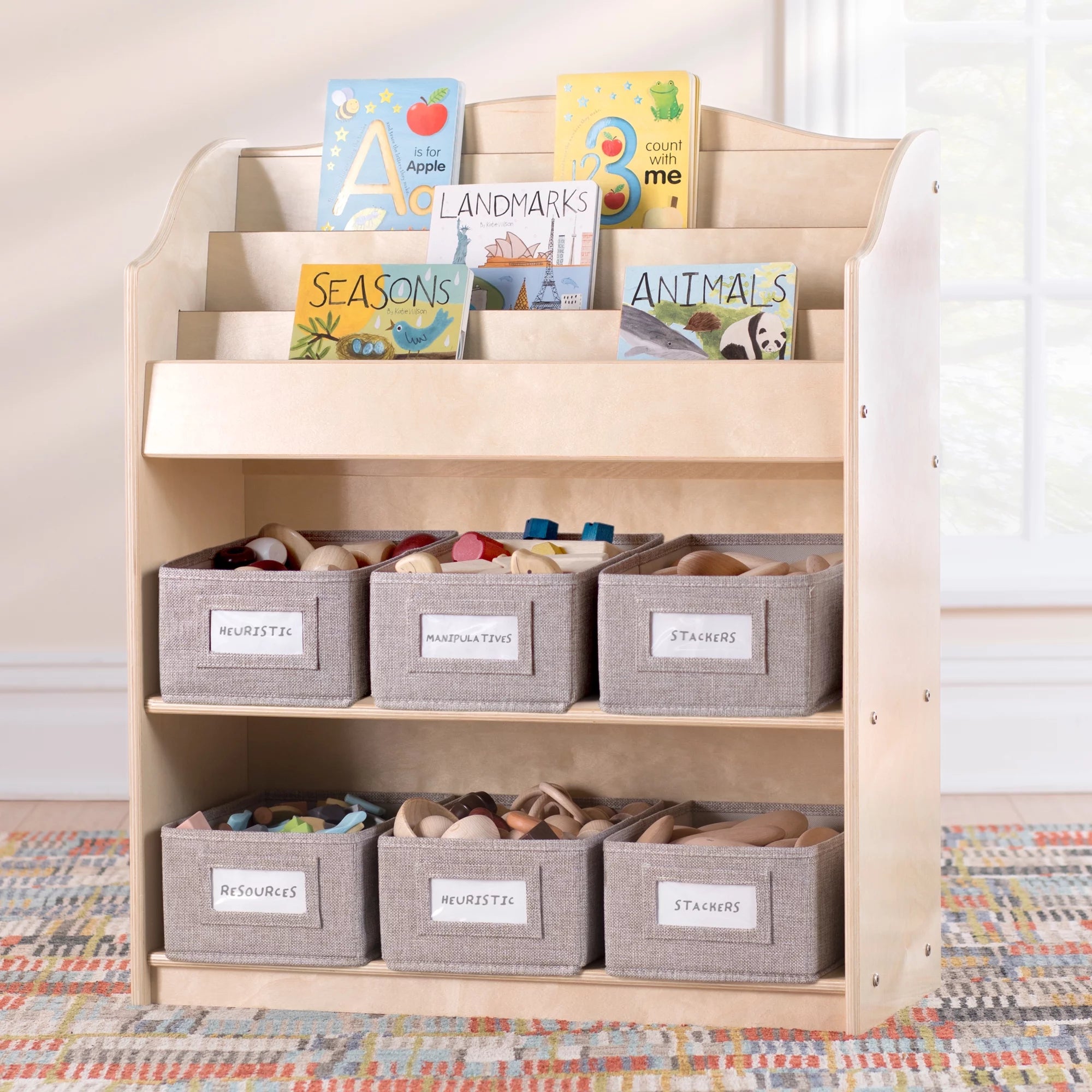 Guidecraft EdQ Essentials Book and Bin Browser Natural: 6 Fabric Storage Bins, Book Display and Toy Storage Organizer for Kids; School Supply Furniture