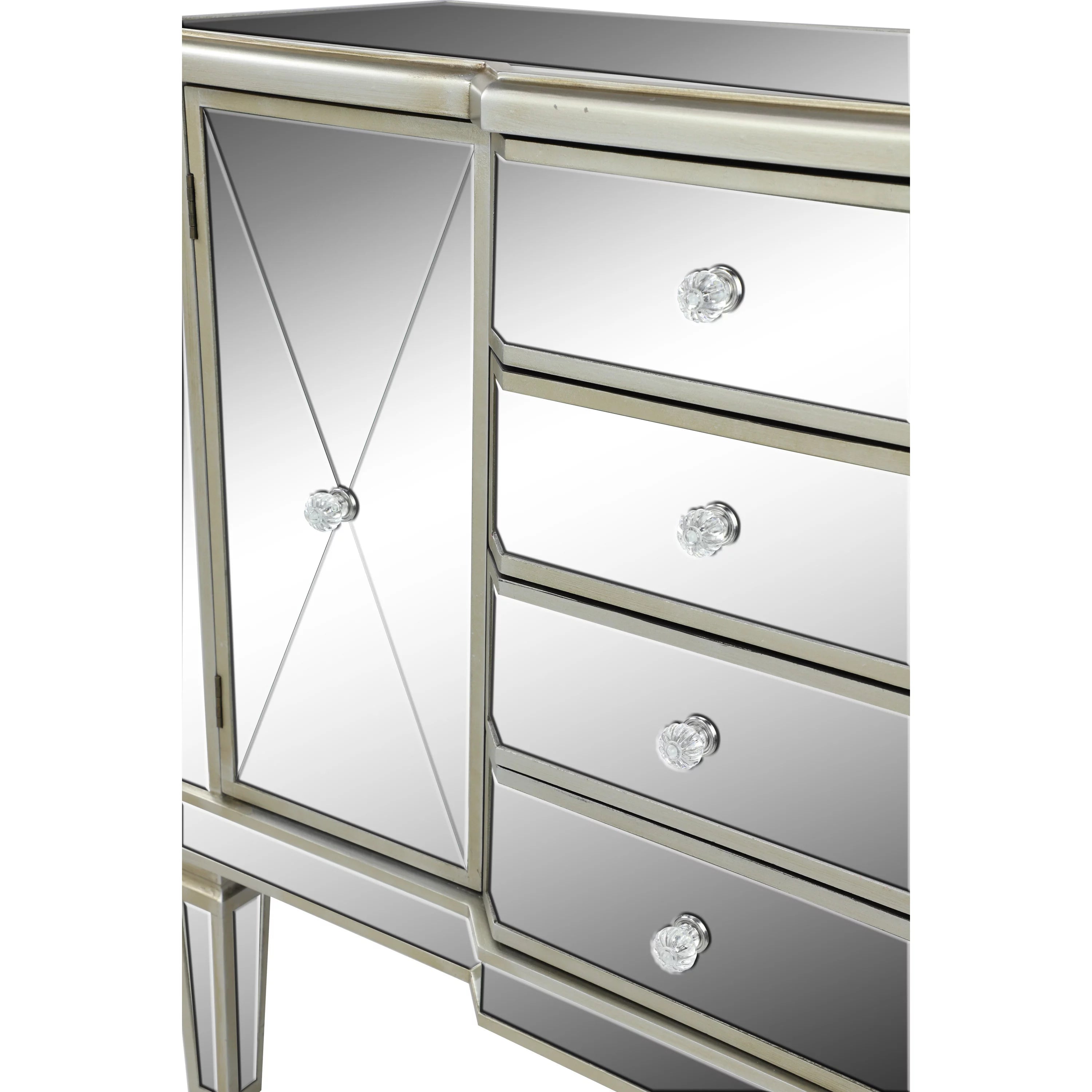 Silver Wood Mirrored Panel Buffet with 4 Drawers, 2 Shelves and 2 Doors D22531