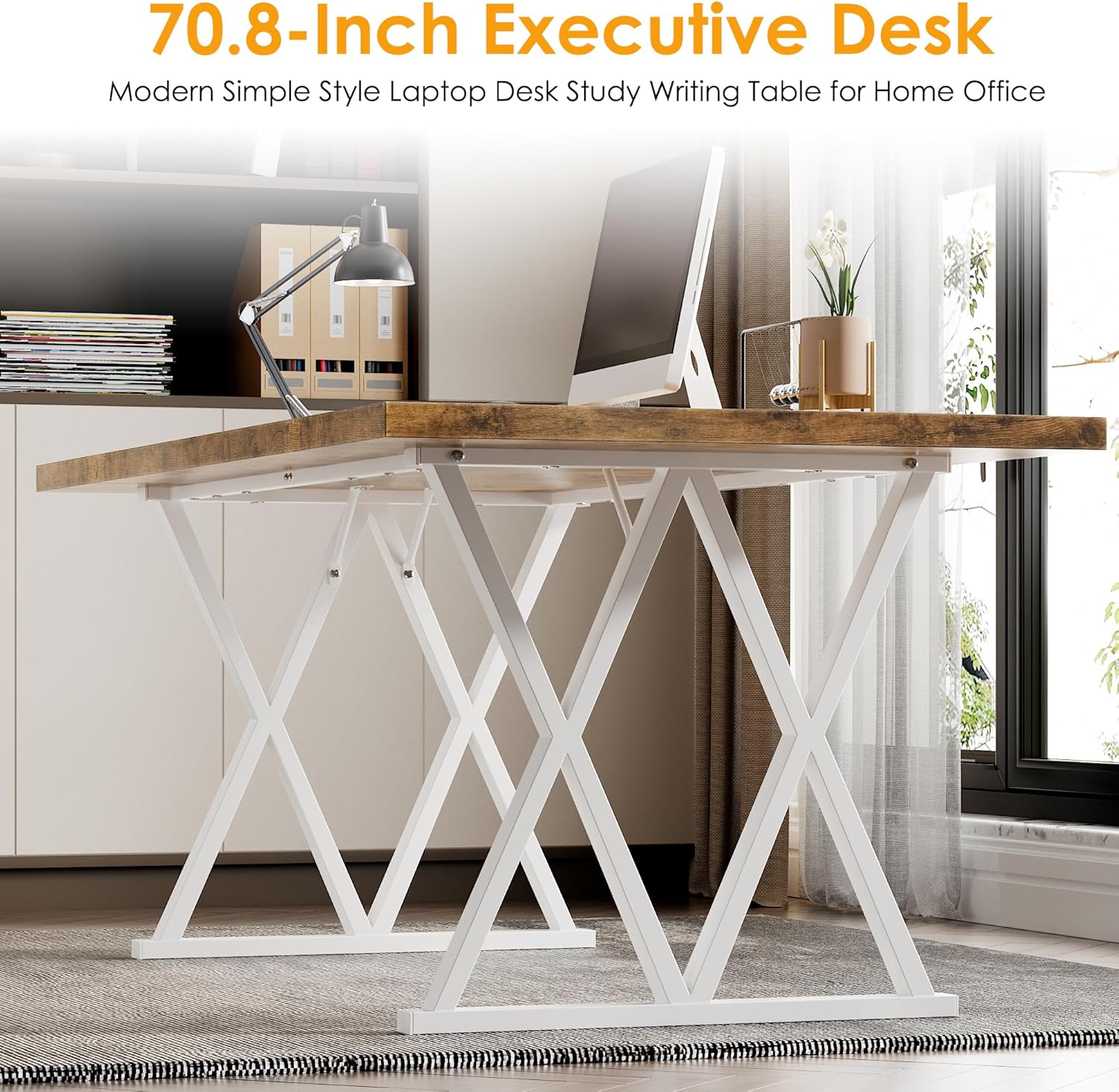 Large Executive Desk with X-Shaped Metal Legs, Modern Office Workstation P96479