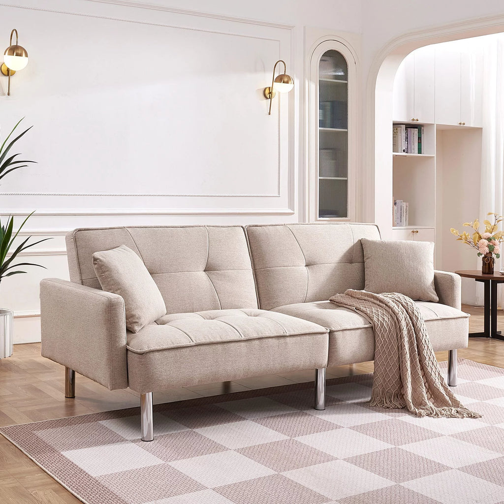 Extra Long Tufted Beige Fabric Futon Adjustable Sofa Bed J212