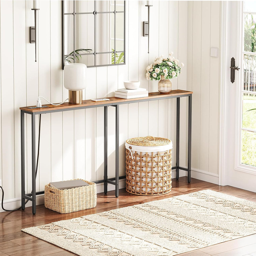 Narrow Console Table with 2 Fabric Drawers and Charging Station, Rustic Brown and Black O9157