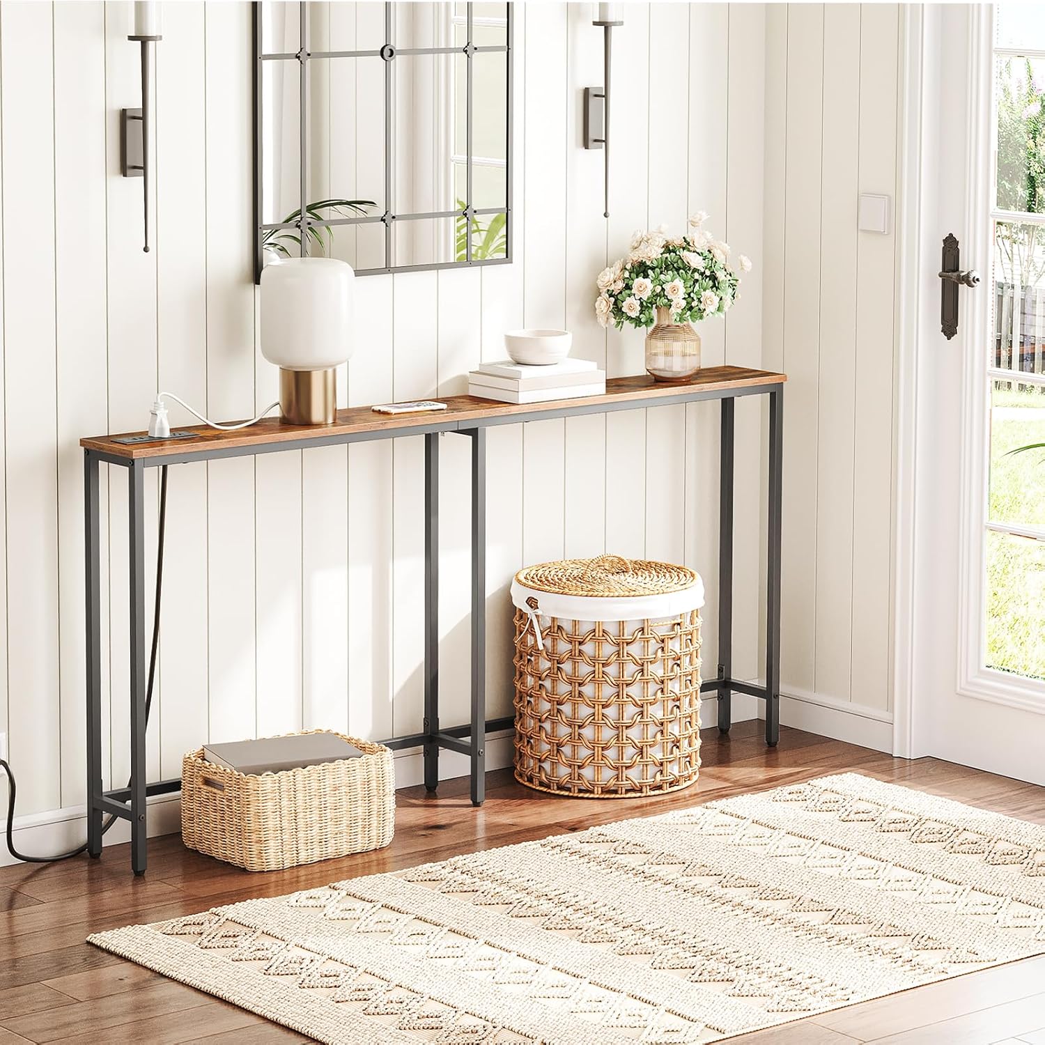 Narrow Console Table with 2 Fabric Drawers and Charging Station, Rustic Brown and Black O9157