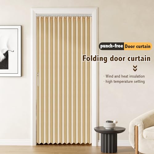 Magnetic Pleated Door Curtain with Rod, Brown, 42" W x 78" L D357694