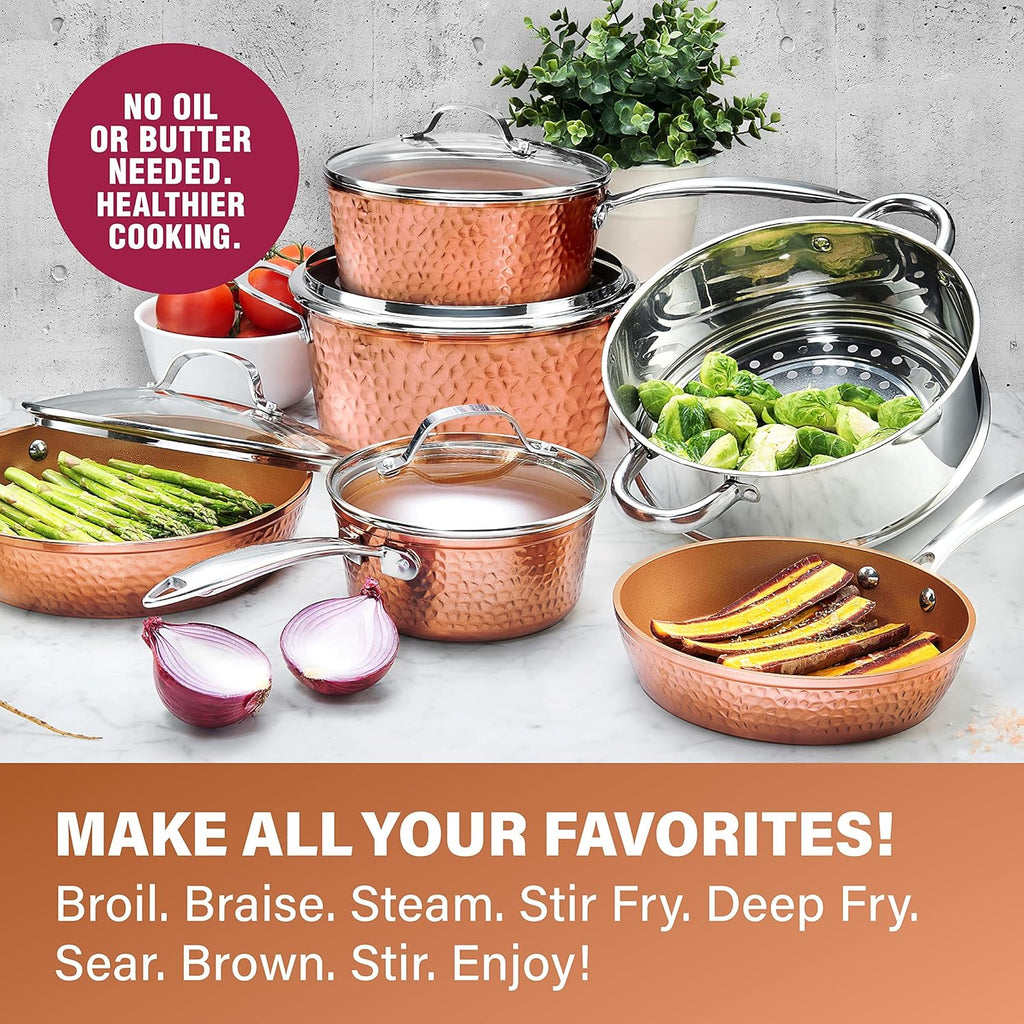 Hammered 15 Pc Ceramic Pots and Pans Set, Non Stick Cookware, Oven and Dishwasher Safe G5511