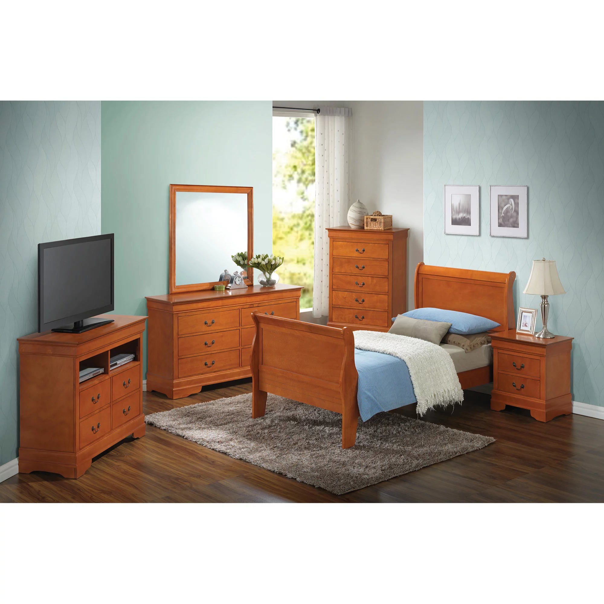 Twin Size Sleigh Bed with Headboard & Footboard, Oak J5116