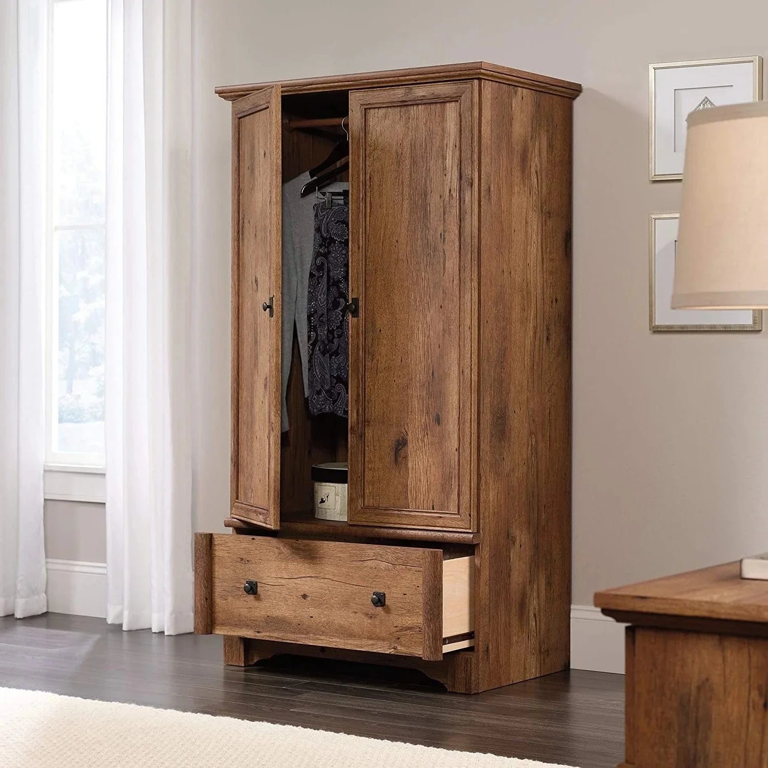 Rustic Oak Wardrobe with Drawer and Garment Rod F84333