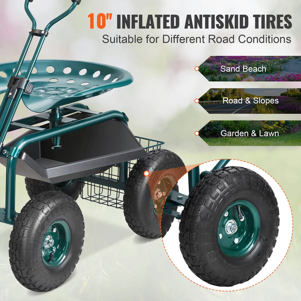 Garden Cart Rolling Workseat with 360 Degree Swivel Seat and Utility Tool Tray W501735