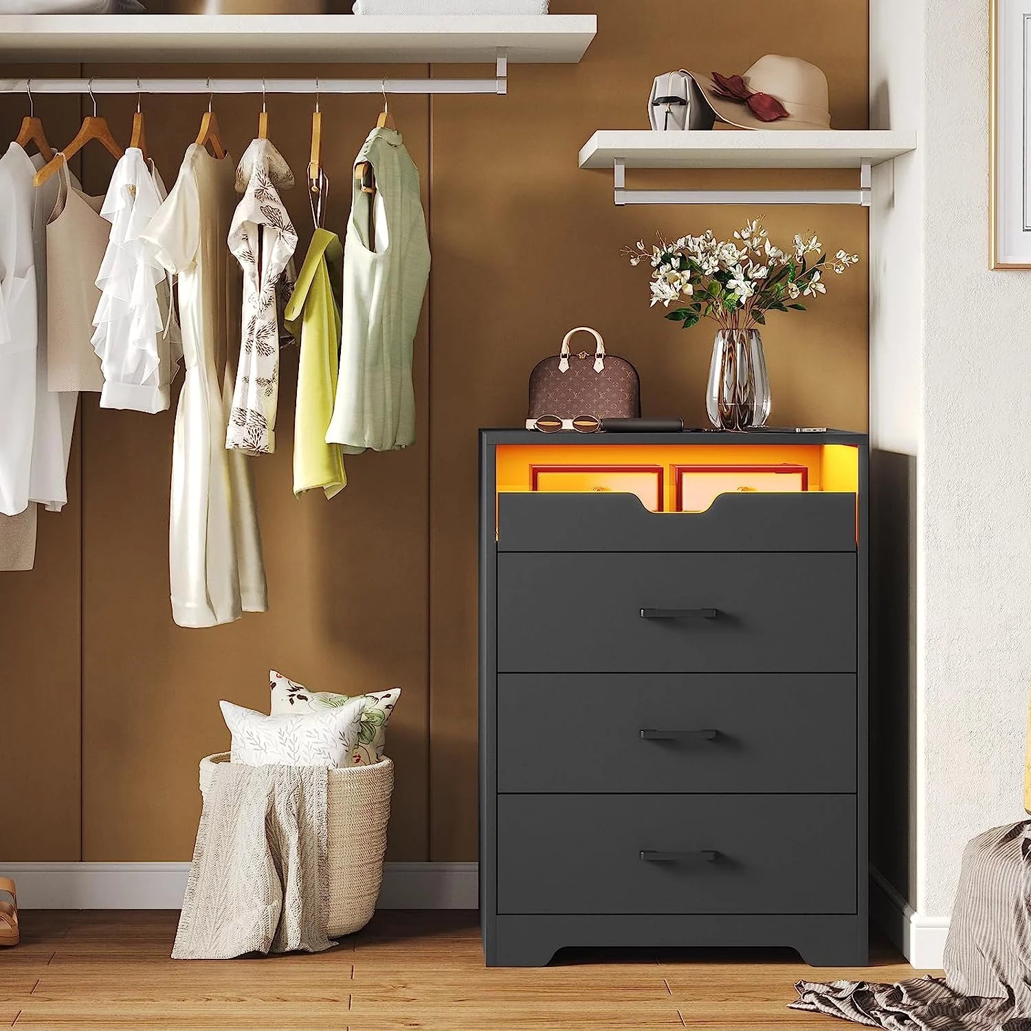 3 Drawers Dresser with LED Lights for Bedroom, Black P281