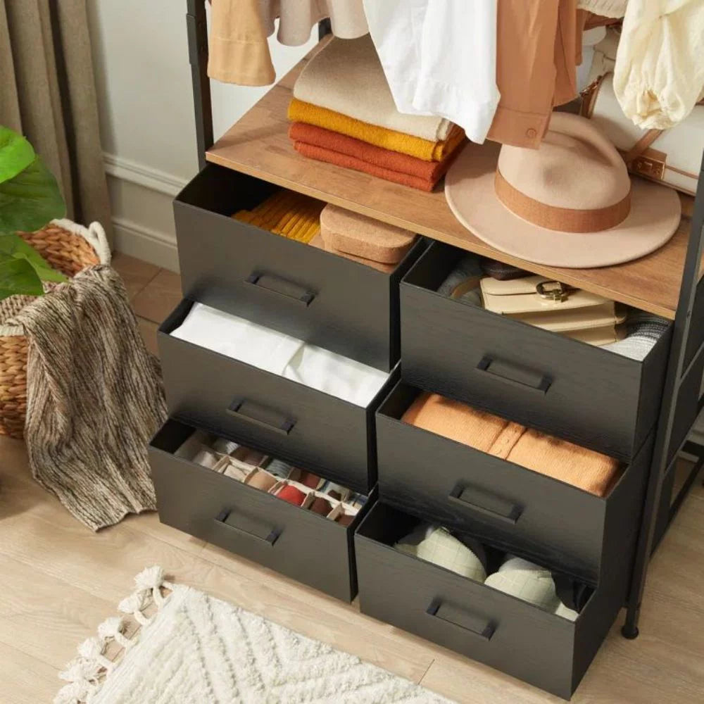 Freestanding Clothing Rack with Hanging Rod and 6 Drawer Wardrobe Cabinet I93824