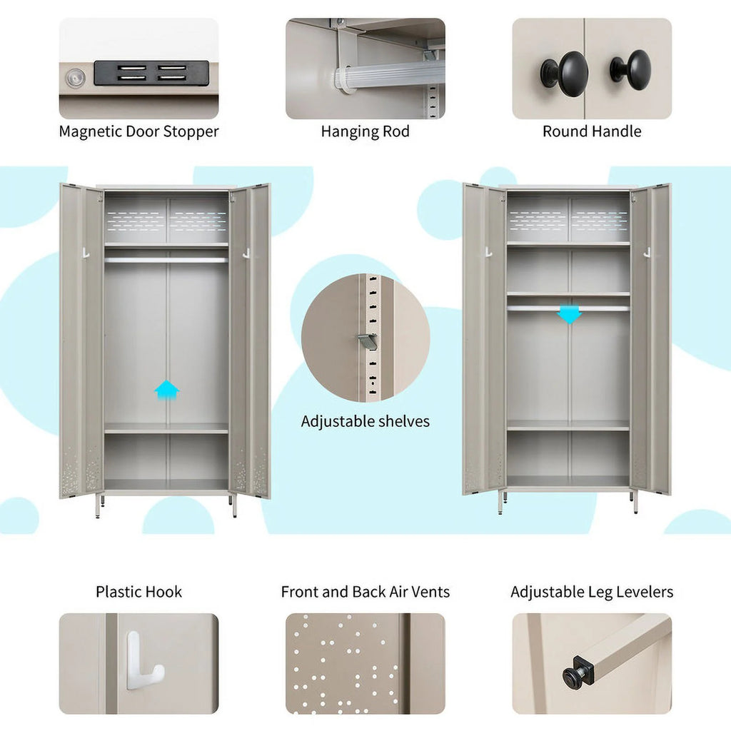 Metal Storage Wardrobe Cabinet with Adjustable Hanging Rod D52854