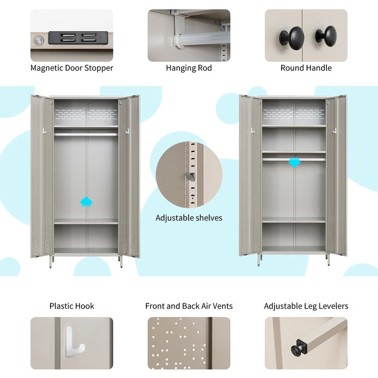 Metal Storage Wardrobe Cabinet with Adjustable Hanging Rod D52854