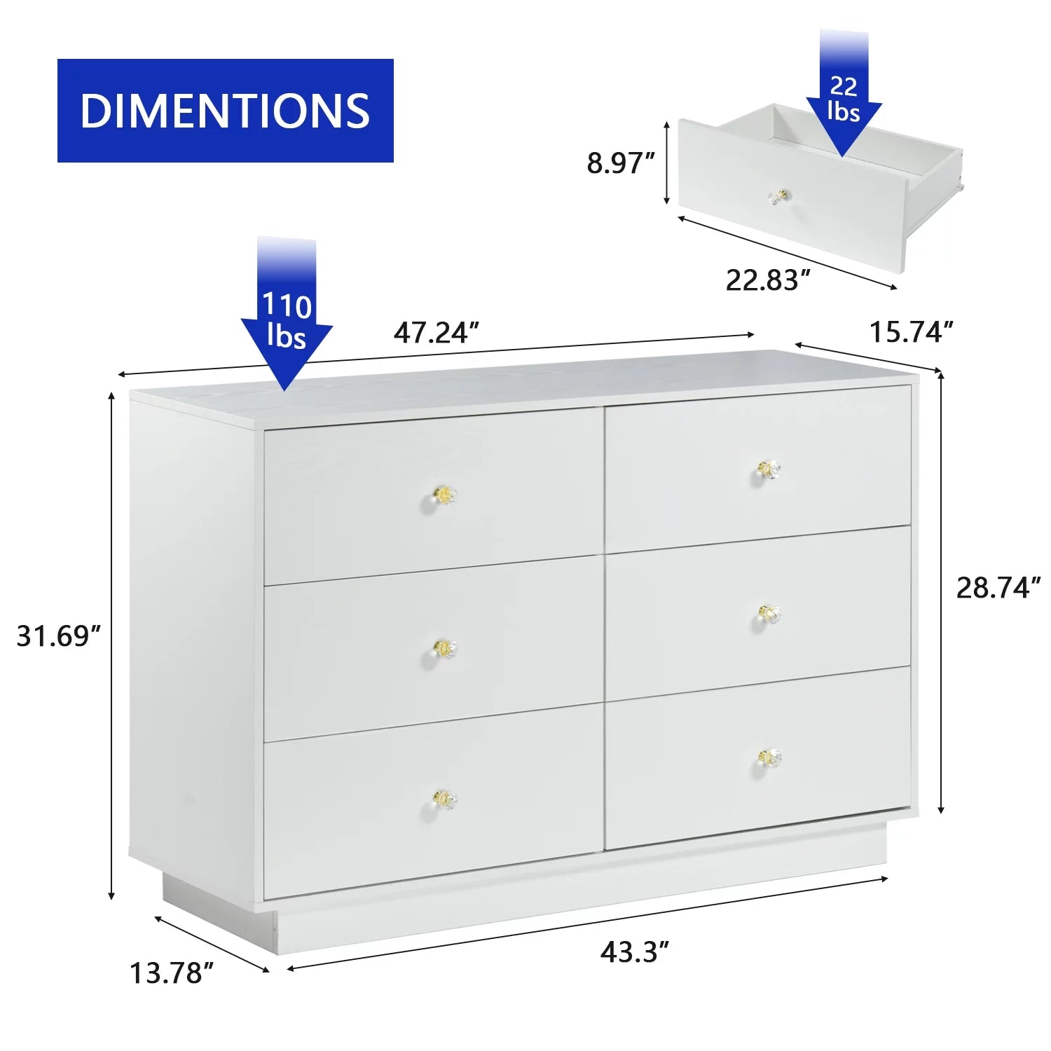 White 6 Drawer Dresser with LED Light for Bedroom Y281024