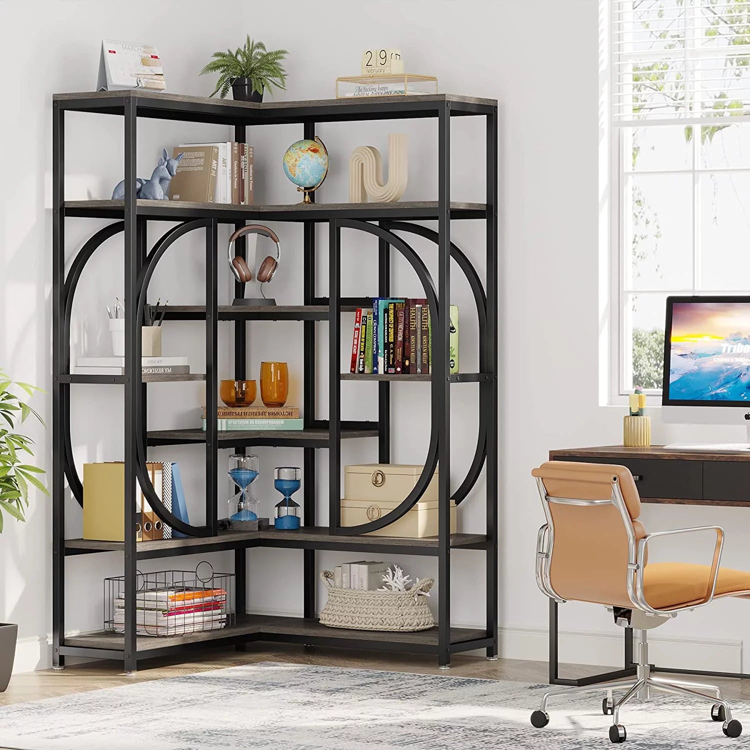 7-Shelf Corner Bookshelf, L-Shaped Modern Bookcase with Storage Z52866