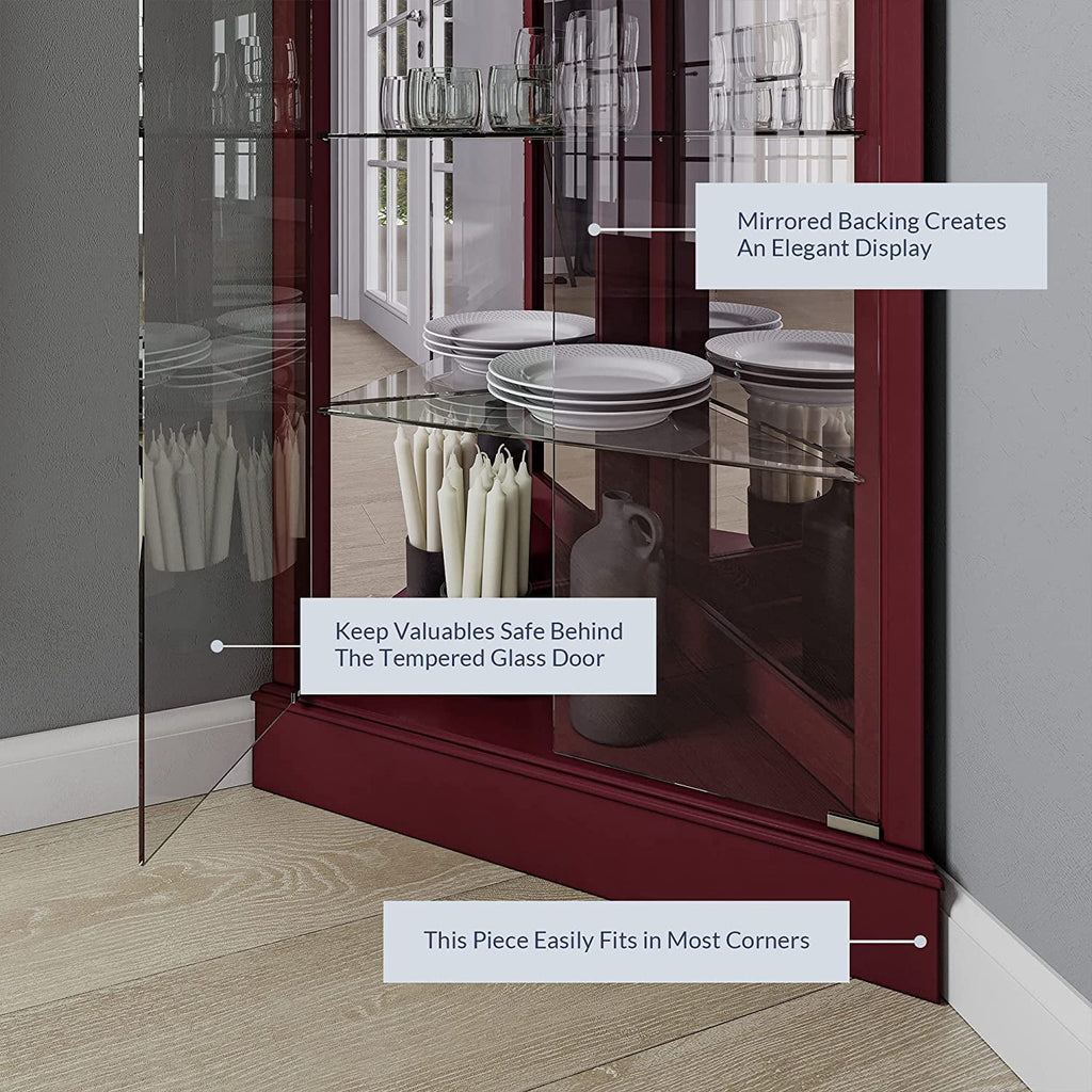 Lighted Corner Curio Cabinet with Tempered Glass Door and 6 Shelves S176