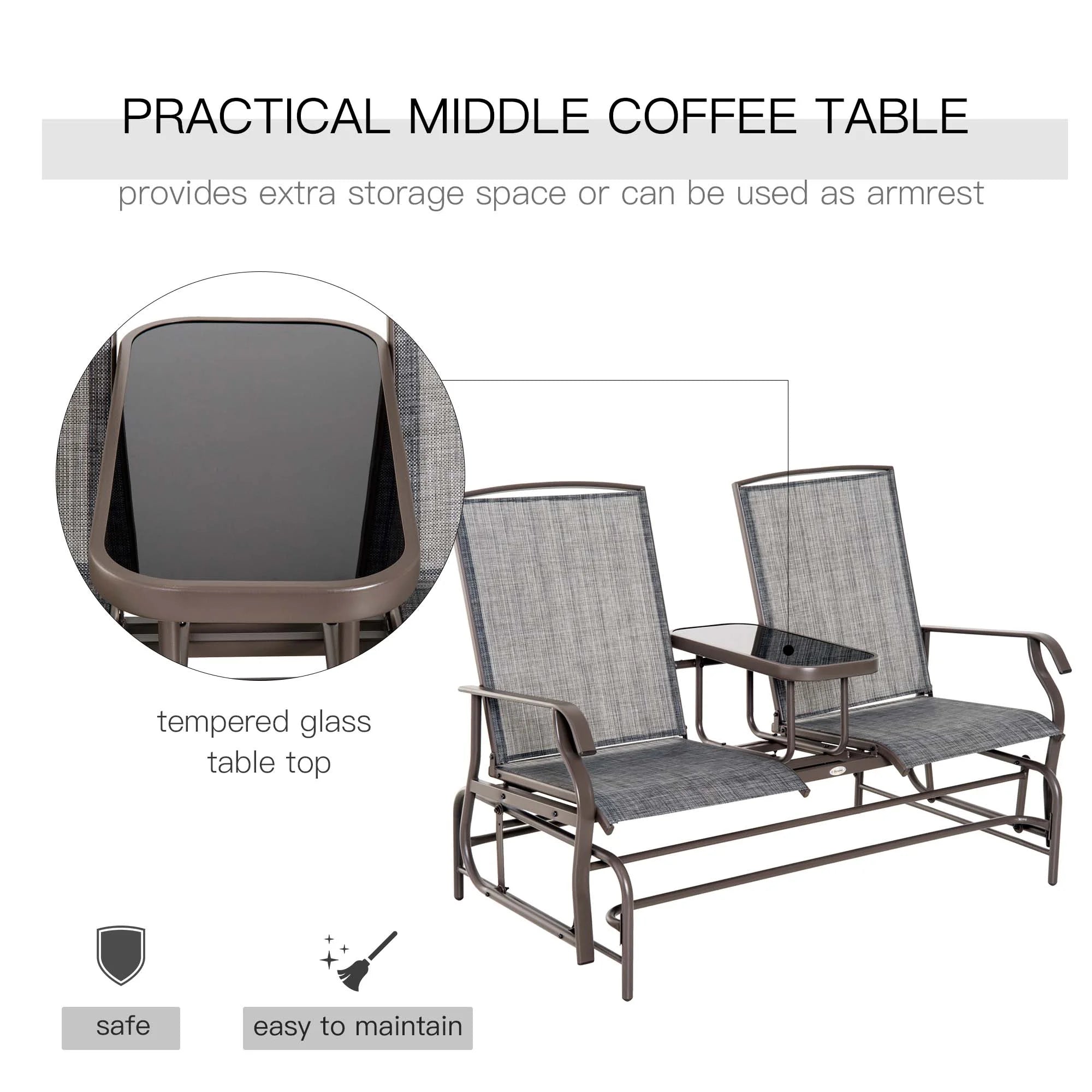 Outdoor Glider Bench with Center Table, Metal Frame Patio Loveseat Q793223