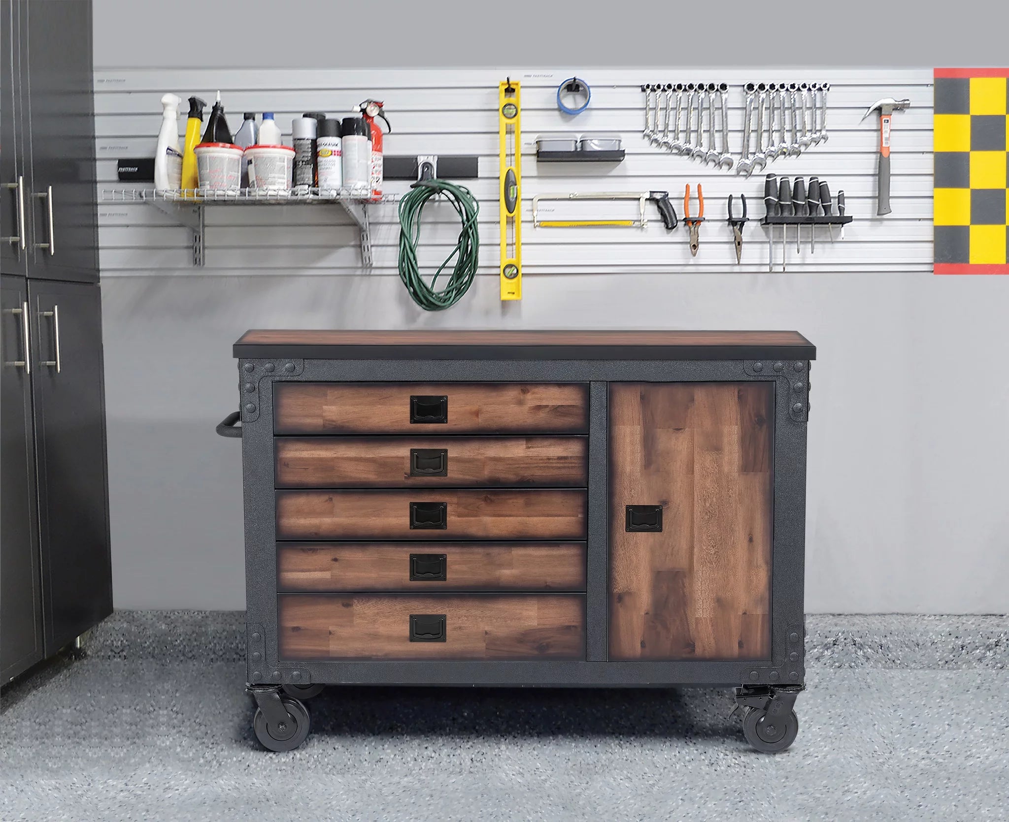 Rolling Tool Chest with Wood Top, 5 Drawers T49470