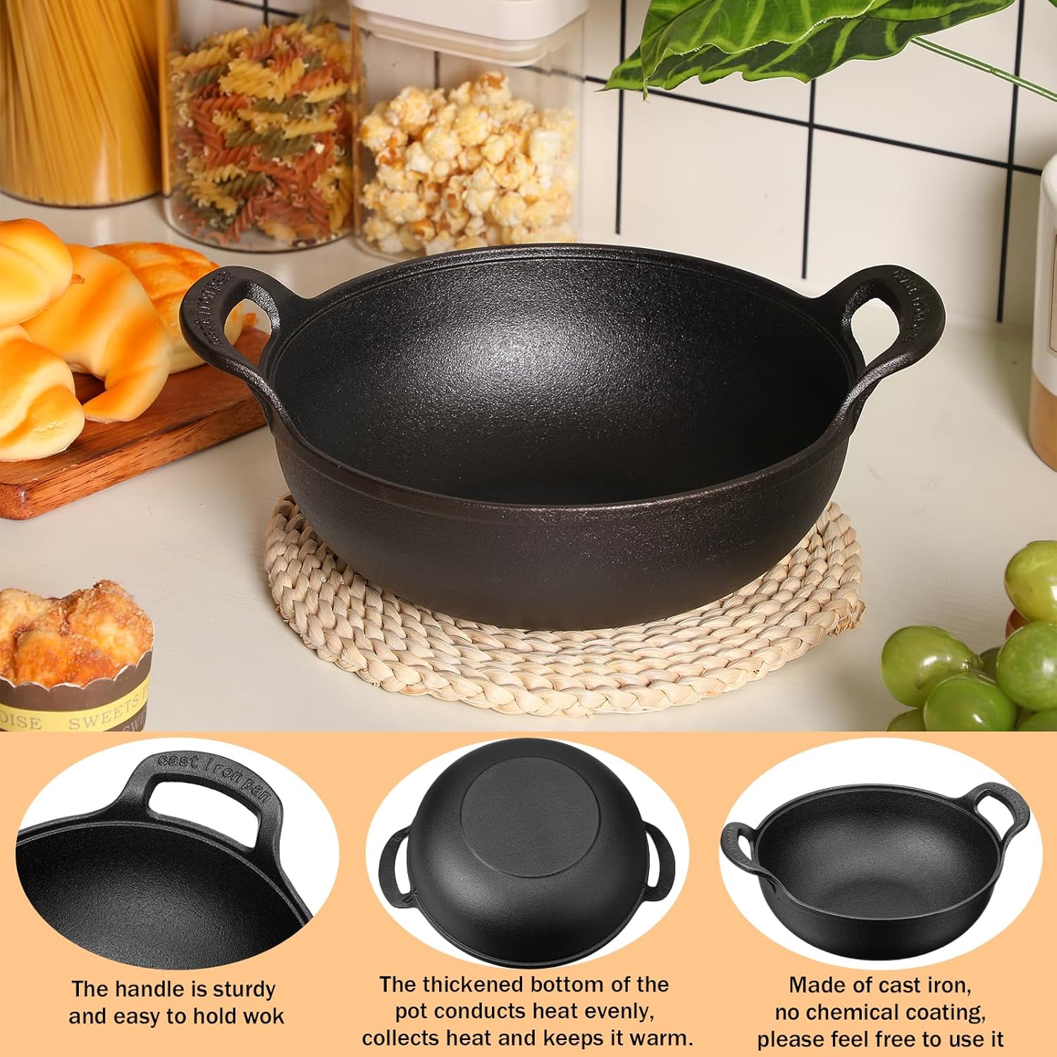 Cast Iron Wok with Loop Handle, 9.8 Inch Nonstick Flat Bottom Stir Fry Pan U7633