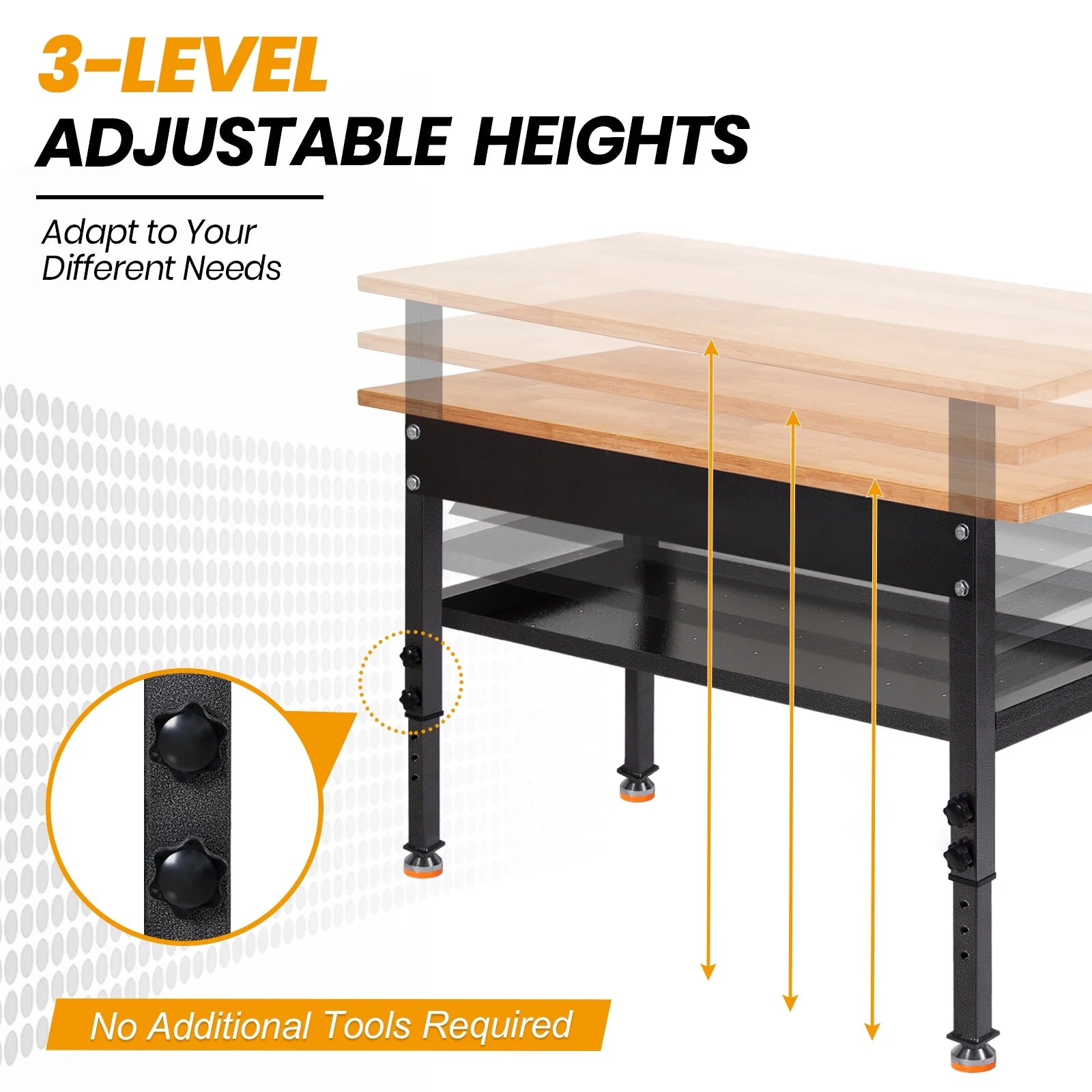 48" Adjustable Heavy-Duty Workbench with Rubber Wood Top V1606