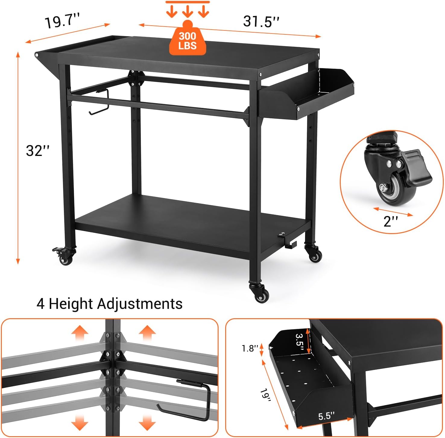 Outdoor Grill Cart with Lockable Wheels, Heavy Duty BBQ Prep Table I6010