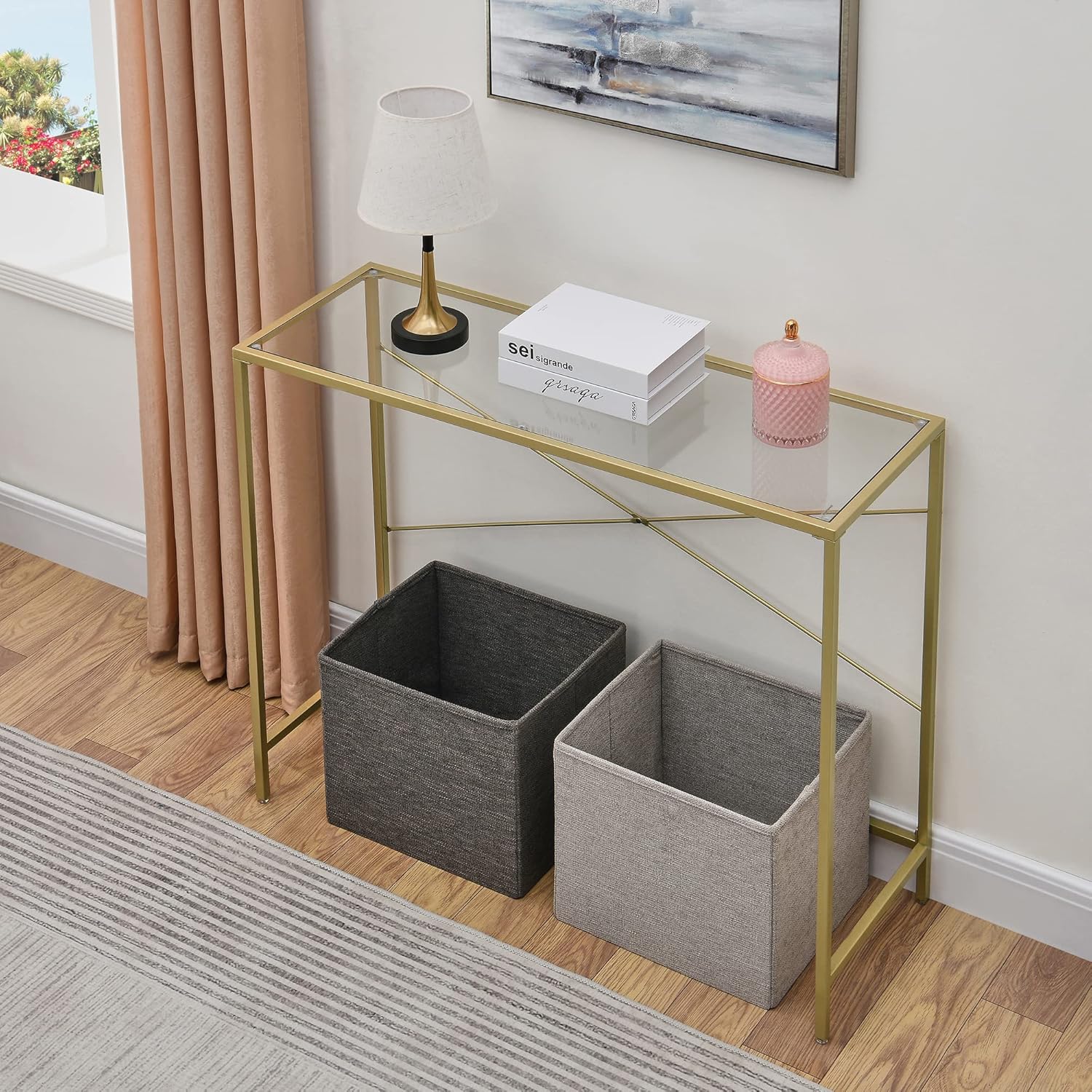 Console Table with Tempered Glass Top, Narrow Metal Frame for Hallway, Living Room, Office R788